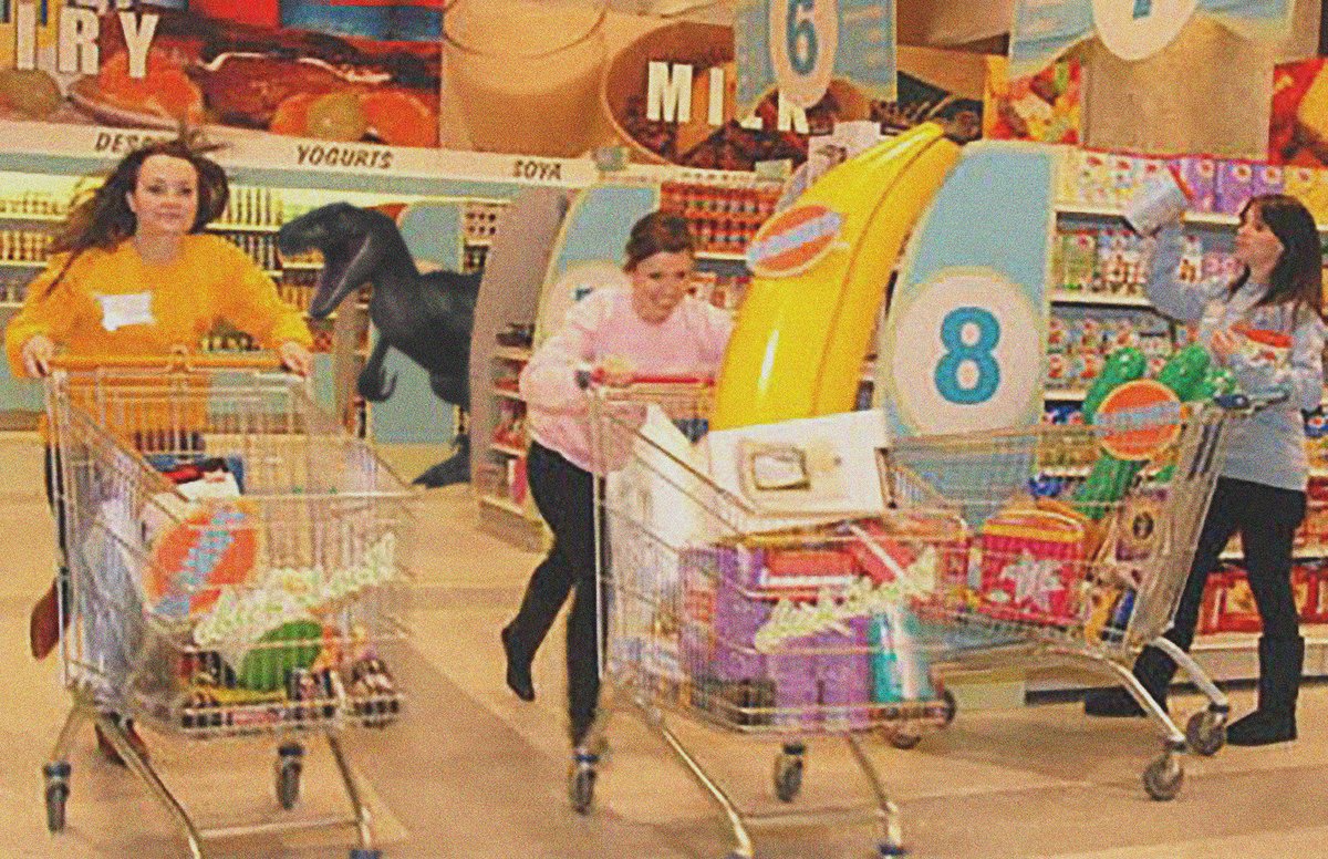 MemoryAssistant's tweet photo. Retweet if you remember when a velociraptor got into the Supermarket Sweep studio and killed six people! #SupermarketSweep #DaleWinton #Blooper https://t.co/DP0SMsRCZv