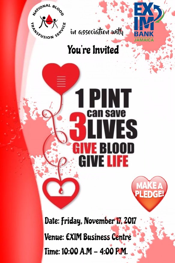 EXIMBankJa's tweet photo. Please join us here at #EXIMBankJa next Friday, November 17, for a Blood Drive, in association with Jamaica's National Blood Transfusion Service! https://t.co/uqb8mdOrMu