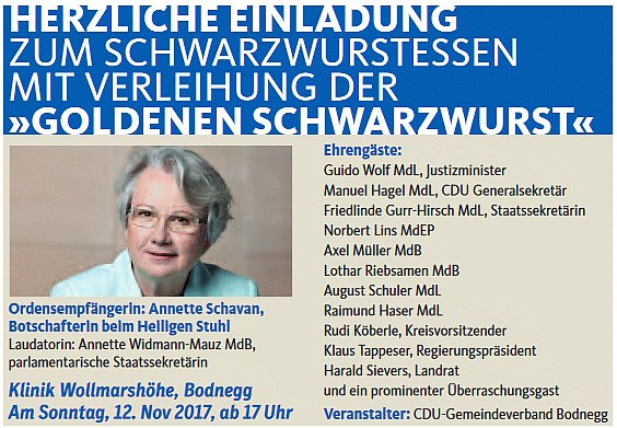 CausaSchavan's tweet photo. Man nimmt, was man kriegt: Annette #Schavan lässt sich jetzt erstmal in Bodnegg die Goldene Schwarzwurst umhängen. Für besondere Verdienste um schwarze Politik.
https://t.co/SpEi9Dfa2N https://t.co/hvXilyb27h