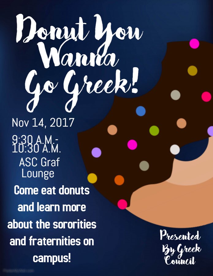 TLUGreekCouncil's tweet photo. If you weren’t able to attend the event last night &amp;/or want to learn about Greek Life on campus, come to our event Nov 14th! Here you can meet the sororities and fraternities &amp; eat donuts in the Graf Lounge from 9:30-10:30! https://t.co/O9d1fHSg6k