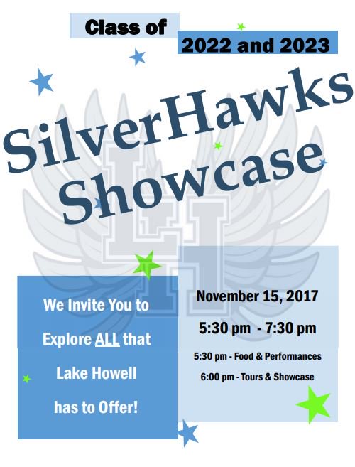 If you are the parent of a current 7th or 8th grader, we would love for you to attend our SilverHawks Showcase, November 15th at 5:30pm.

Students are welcome and encouraged to come.

Please see the attached flyer!