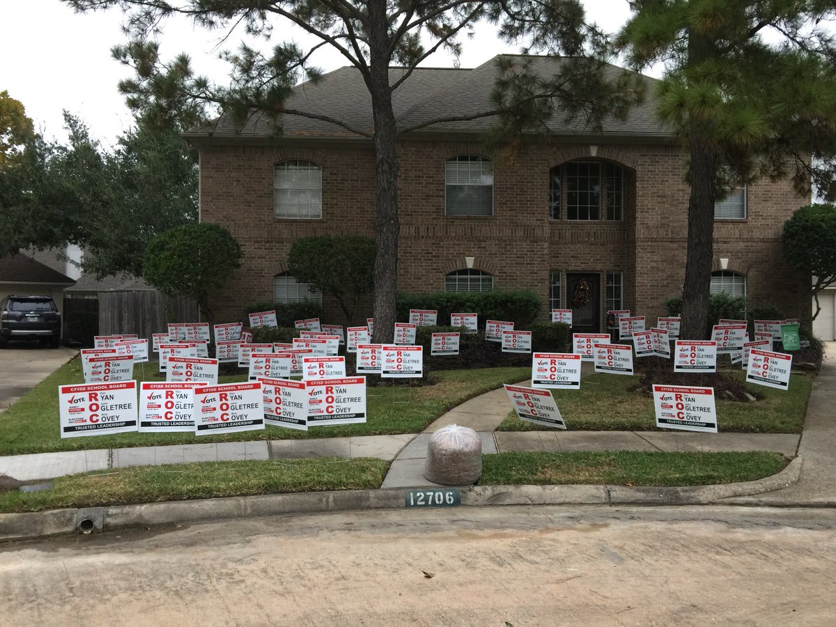 CyFairDon's tweet photo. It’s awesome to have friends that help you celebrate winning the @CyFairISD Board election by decorating your yard😱😍😂 #creativevandalism https://t.co/g8mqIQE34v