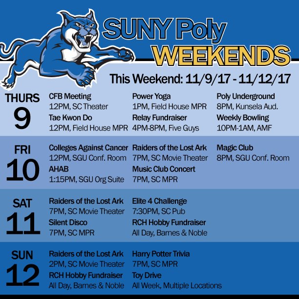 SUNYPolyReslife's tweet photo. Your #SUNYPolyWeekend is here! Have a great #weekend #Wildcats and enjoy the great events. #SUNYPoly #GetOutAndDo https://t.co/UVZGmSVP00