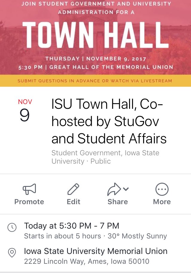 Cody4ISU's tweet photo. 4 Senior Vice Presidents, our CFO, your Student Body President and Vice President, and the Dean of Students. Be heard, Iowa State! SEE YOU TONIGHT! https://t.co/bhp00K2fSk