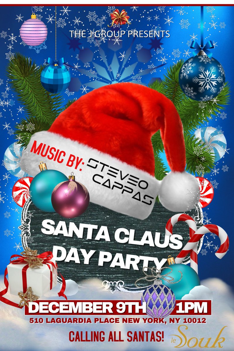 djsteveocappas's tweet photo. Saturday December 9th, I'll be heading back into the city to perform at the Santa Claus Day Party at Le Souk! Starts at 1pm and goes to 8pm! Get your tix below! Located: 510 LaGuardia Pl, New York, NY 10012. Tix: https://t.co/gT1Vi6Vn1v #TeamSteveo #EDM #EDMFamily #NYC #BOOM 😘🎧 https://t.co/DVRgBaX3Vz