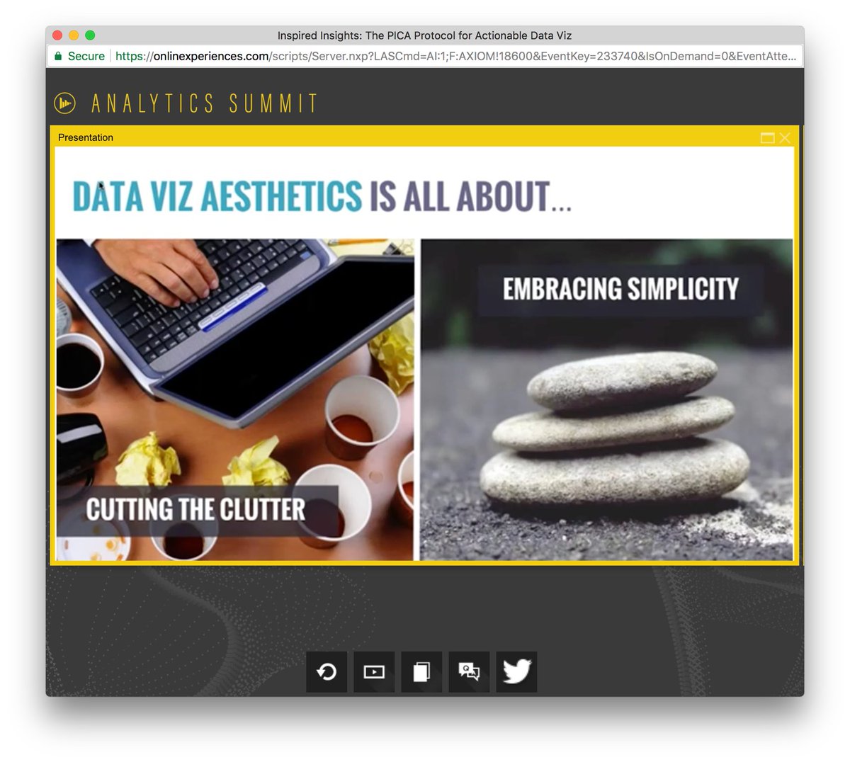 KeystoneSocial's tweet photo. #DataViz is all about cutting the clutter and embracing simplicity. -@LeaPica #analyticssummit https://t.co/K2NVqHw0KD