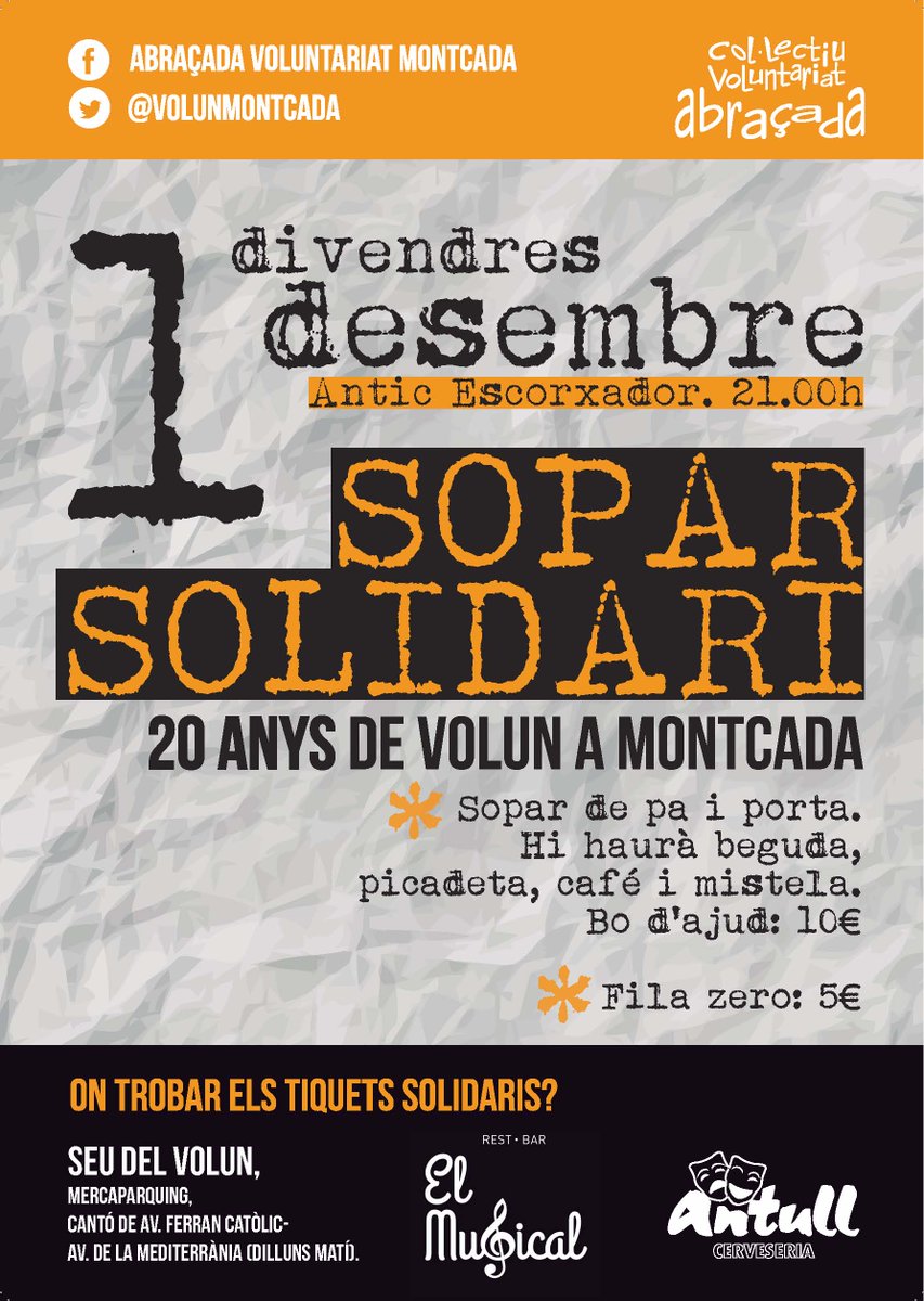 Moncadajove's tweet photo. SOPAR SOLIDARI 20 ANYS DEL @VolunMontcada a MONTCADA!! Demà divendres ja estan els tiquets a @cerve_antull i El Musical Rte-Bar #compartix #solidaritat #voluntariat https://t.co/PgctptjGyi