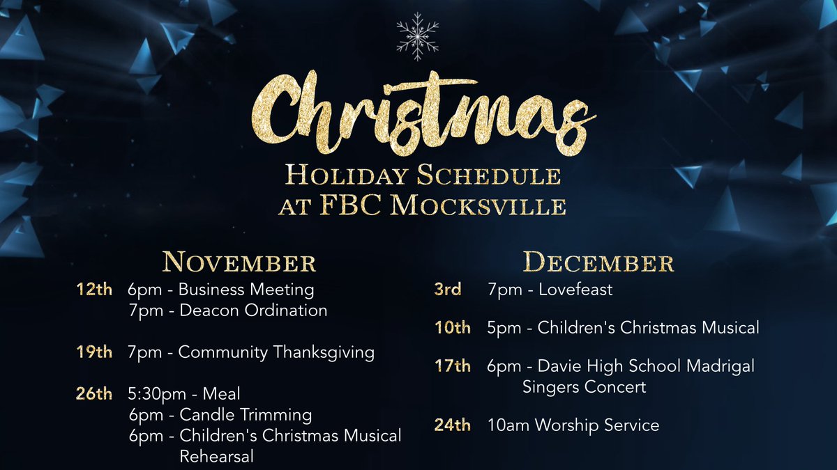 FBCmocksville's tweet photo. Check out our schedule for the 2017 Christmas Holiday season! We hope to see you at these events &amp; worship services. https://t.co/3BDINXjsAx