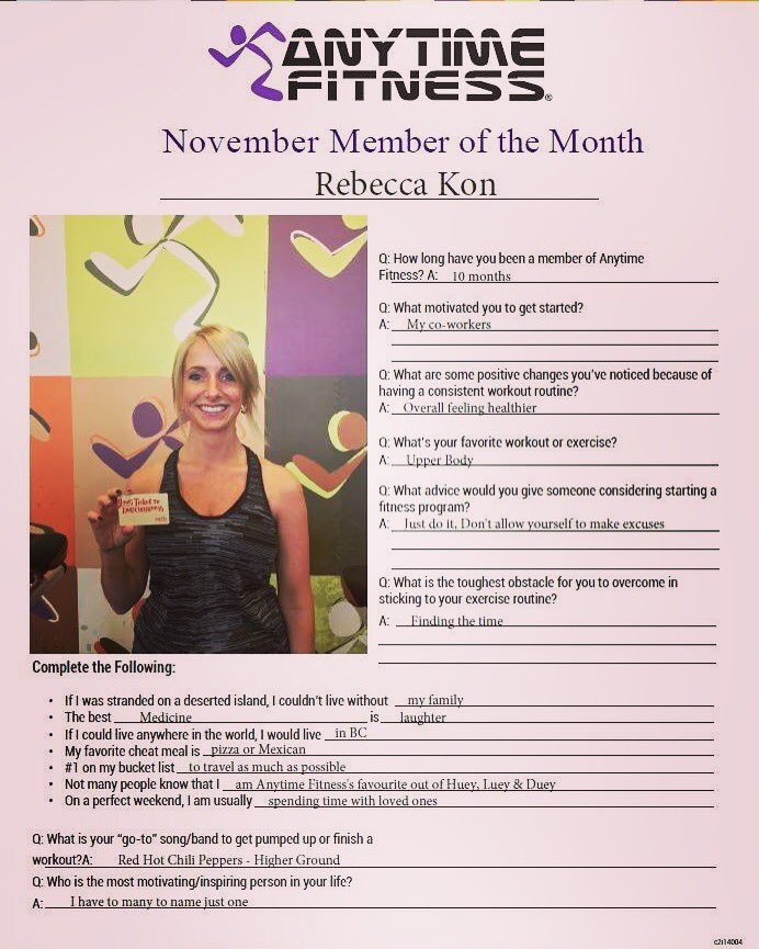 Congrats to November Member of the Month Rebecca "Huey' Kon. She can be seen working out at all times of the day which has earned her on the Members Most Usage list 7 times out of 10 months and the results are showing!! Enjoy your Earl's Gift Certificte #medhat