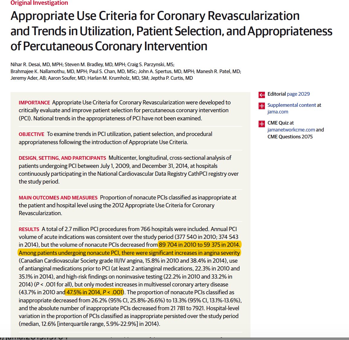 manesh_patelMD's tweet photo. Many asking 1 vz PCI numbers in stable CAD - 2014 NCDR data with 13% of PCIs in US non-acute (Stable) with ~50% with one vessel disease (so maybe 7-8% of all PCIs in 2014 for stable 1vz disease).  some will argue definitions but most direct data  @angioplastyorg https://t.co/lAK0X9wFVg