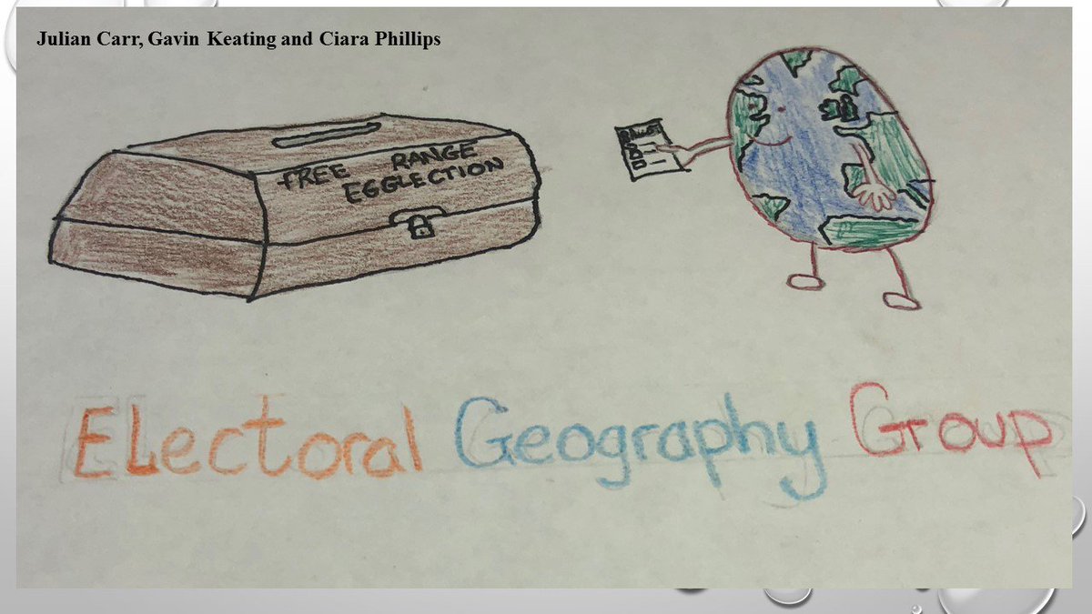 AdrianKavanagh's tweet photo. I set our @Maynoothgeog #GY613 Masters class a task of devising a logo for our new Electoral Geography Group (EGG) (for study/research in electoral geography).
Some genius ideas emerged...
Ah the creativity of the young folk!!! https://t.co/iC3jtzdueR