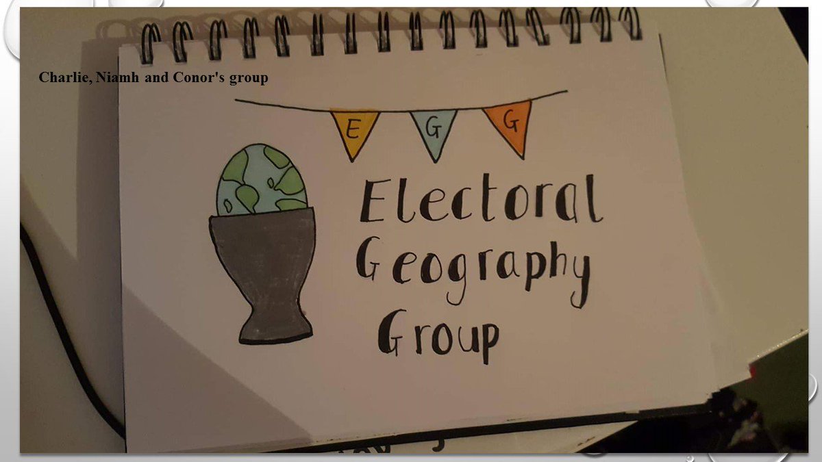 AdrianKavanagh's tweet photo. I set our @Maynoothgeog #GY613 Masters class a task of devising a logo for our new Electoral Geography Group (EGG) (for study/research in electoral geography).
Some genius ideas emerged...
Ah the creativity of the young folk!!! https://t.co/iC3jtzdueR