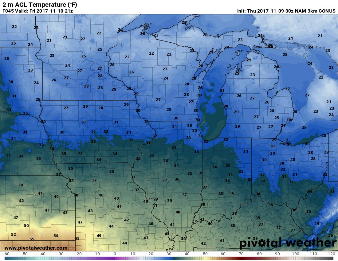 SouthernINWx's tweet photo. Highs Fri show an arctic blast digging further south. Large portion of the Midwest &amp; Plains won't rise above freezing tomorrow. Bundle up! #AgWx https://t.co/9L2zu3jAnL
