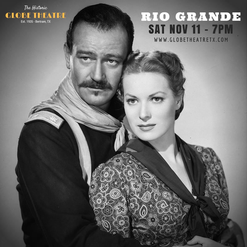 GlobeTheatreTX's tweet photo. "Rio Grande" (1950) - Sat Nov 11 (7pm) #GlobeTheatreTX #BertramTX #JohnWayne #MaureenOHara #movienight #classiccinema #HiddenTX https://t.co/h4iXDbMyck