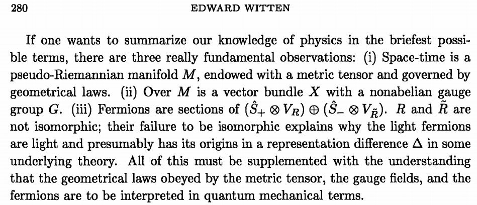 Our physics knowledge summarised by Edward Witten, who received a Fields Medal for his work on quantum field theory.
#physics #sciense #trivia <a href="/WIREDScience/">WIRED Science</a> <a href="/scifri/">Science Friday</a> <a href="/guardianscience/">Guardian Science</a> <a href="/sciencebeta/">Sciencebeta</a>