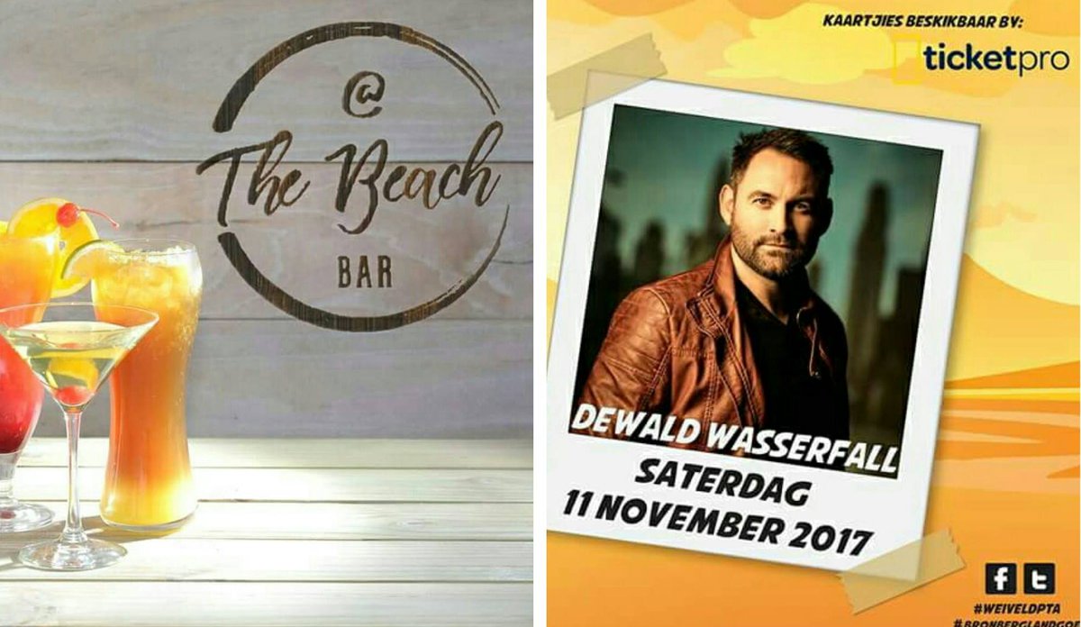 GROOT Saterdag wat voorle : Kom vir "Pre Drinks" by @ The Beach vanaf 11:00 en beweeg dan 19:00 oor na #Weiveld vir Dewald Wasserfall @DewaldWasserfal