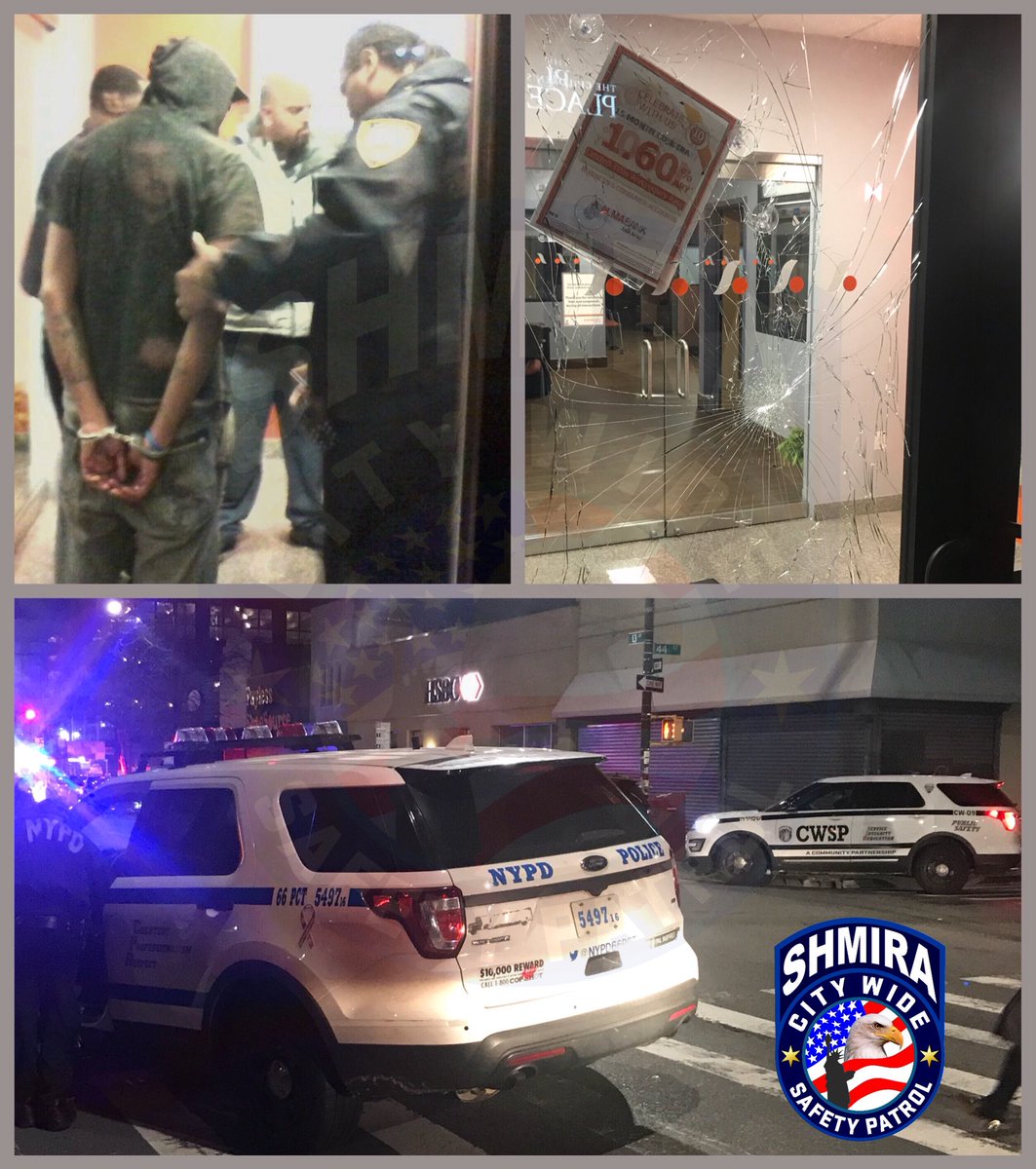 Shmira's tweet photo. Last night #Shmira volunteers responded to a disturbed male breaking windows of a bank at 13th Ave, he was taken to the hospital by EMS and arrested by @NYPD66Pct. #TeamWork https://t.co/E6se8ogL63