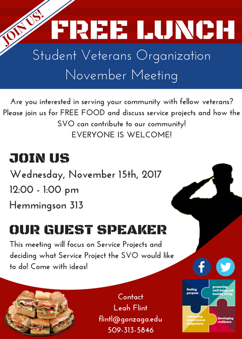 GonzagaSVO's tweet photo. Please join us in Hemmingson 313 on Wednesday November 15th from 12-1pm for the @GonzagaSVO November meeting! We will have FREE food and discuss service projects! @gonzagaTVRAS @ZagsInvolved @GonzagaU @GUHemmingson https://t.co/o7kSxRBLlW