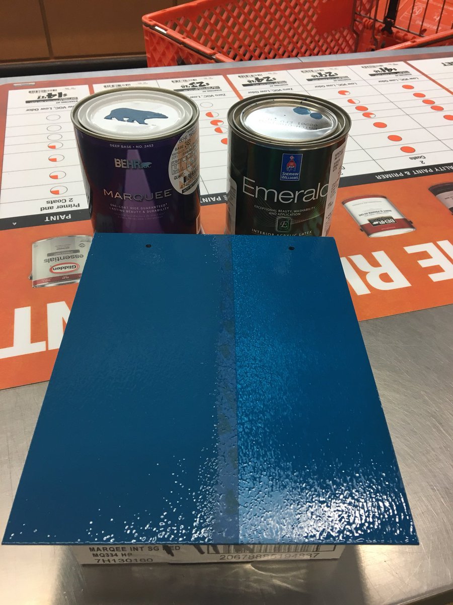 Chadlidstrom's tweet photo. Have questions about which paint actually is the best? Look no further than #BehrMarquee in SW color of the year Oceanside! 1 coat of each. https://t.co/yfHs8ukw5h