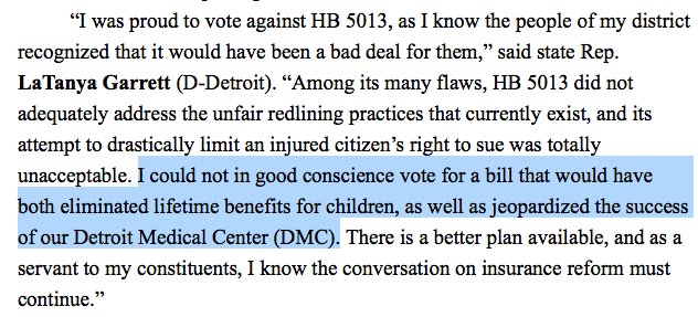 ChadLivengood's tweet photo. INBOX: #Detroit Democrat @GarrettLatanya says she voted against @MayorMikeDuggan's auto insurance bill, in part, because the cuts in medical benefits would have "jeopardized the success of our Detroit Medical Center." (Duggan used to be CEO of the DMC) #HB5013 https://t.co/K27xZYkg1x
