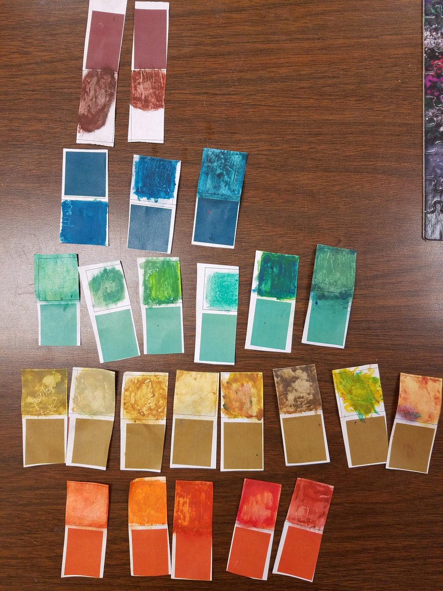 ADaegling's tweet photo. DJHS Art students are having a color mixing competition today as a warm up for our oil pastel project. The color swabs on the left ( also featured separately)   are the first place winners from 6th hour. #geekingoutinart #oilpastels #iheartart https://t.co/eL9jEWzaU4