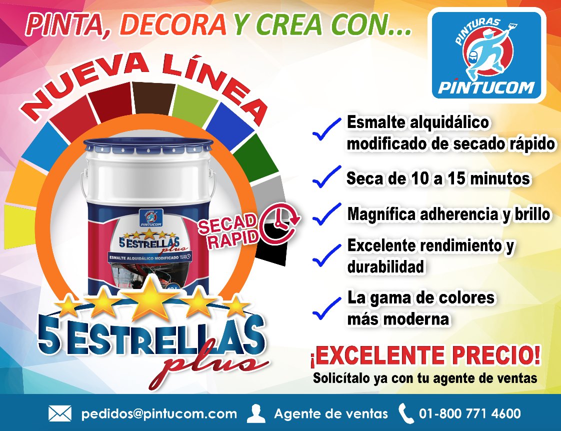 PintucomSAdeCV's tweet photo. Ahora llega más rápido que nunca... Conoce ya "5 Estrellas Plus" nuestra nueva línea de esmalte secado rápido #Ferreteros #Pintureros #SecadoRapido https://t.co/cQpVR0wjwF