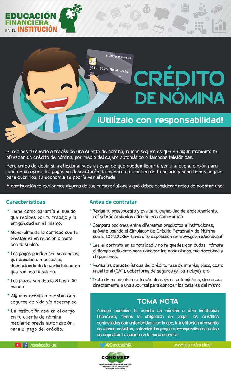 FinBepensa's tweet photo. ¿Sabes cómo utilizar tu crédito de nómina de una manera inteligente? @CondusefMX nos comparte cómo. #EducaciónFinanciera #FinBe https://t.co/aXssdEKZhE