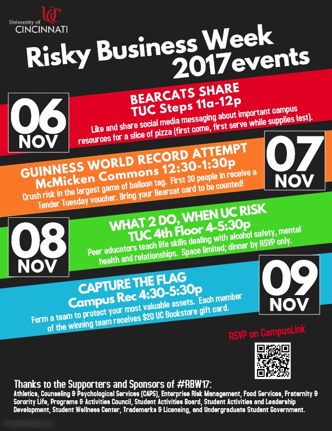 uofcincy's tweet photo. Need to CYA (cover your assets)? Join #RBW17 for Capture the Flag at @UCCampusRec today @ 4:30p. Gift cards for the winning team! https://t.co/y7ush8FwqW