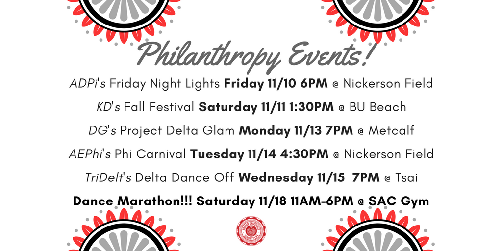 BUPanhel's tweet photo. November is a busy month for our chapters' philanthropy events! Make sure to come out and support your Panhellenic sisters!! (&amp; to register for Dance Marathon!!) #PanhelLove #gogreekBU https://t.co/9ZHuZoR5IW