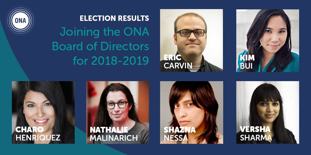 Online News Association (@ona) on Twitter photo Meet the newest members of the ONA Board of Directors! <a href="/charohenriquez/">Charo Henríquez</a>, <a href="/shazna/">Shazna Nessa</a>, <a href="/nmalinarich/">Nathalie Malinarich</a> & <a href="/versharma/">Versha Sharma</a>. bit.ly/2zKCtNV Incumbents <a href="/EricCarvin/">Eric Carvin</a> and <a href="/kimbui/">P. Kim Bui</a> have also been re-elected to the Board. Terms are for two years and begin Jan. 1, 2018. Meet the newest members of the ONA Board of Directors! <a href="/charohenriquez/">Charo Henríquez</a>, <a href="/shazna/">Shazna Nessa</a>, <a href="/nmalinarich/">Nathalie Malinarich</a> & <a href="/versharma/">Versha Sharma</a>. bit.ly/2zKCtNV Incumbents <a href="/EricCarvin/">Eric Carvin</a> and <a href="/kimbui/">P. Kim Bui</a> have also been re-elected to the Board. Terms are for two years and begin Jan. 1, 2018.