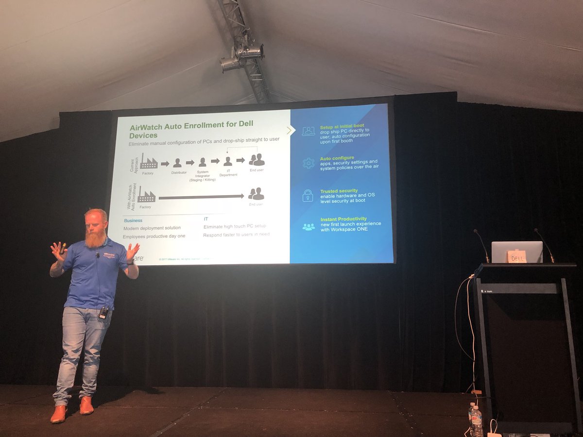 theeps07's tweet photo. Pete Lindley at #DellEMCTechSummit talking about how #WorkspaceONE and Dell PCs work better together with auto provisioning and OTA firmware management. Dell EMC + Win10 + Vmware = Success https://t.co/sIwitvC6iO