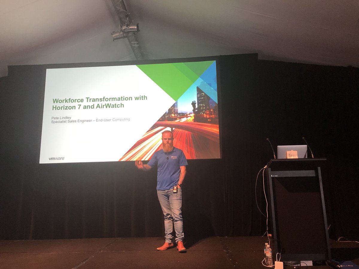 theeps07's tweet photo. Pete Lindley at #DellEMCTechSummit talking about how #WorkspaceONE and Dell PCs work better together with auto provisioning and OTA firmware management. Dell EMC + Win10 + Vmware = Success https://t.co/sIwitvC6iO