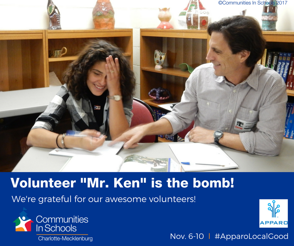 cischarlotte's tweet photo. Our volunteers are awesome, esp this guy at @SouthMeckPTSA ! Give it up for Mr. Ken! @ApparoCLT #apparolocalgood https://t.co/oy6V2A4YP9 https://t.co/UV2xyb4Gsp