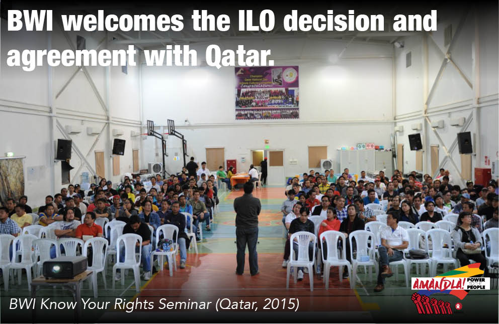 BWIglobal's tweet photo. BWI welcomes ILO decision and agreement with #Qatar

“This is a major step forward for the @ilo and the Government of Qatar, and most importantly, for the migrant workers in Qatar. - @AmbetBWI

https://t.co/p94kbuOShZ https://t.co/1DS6eZ4lOQ