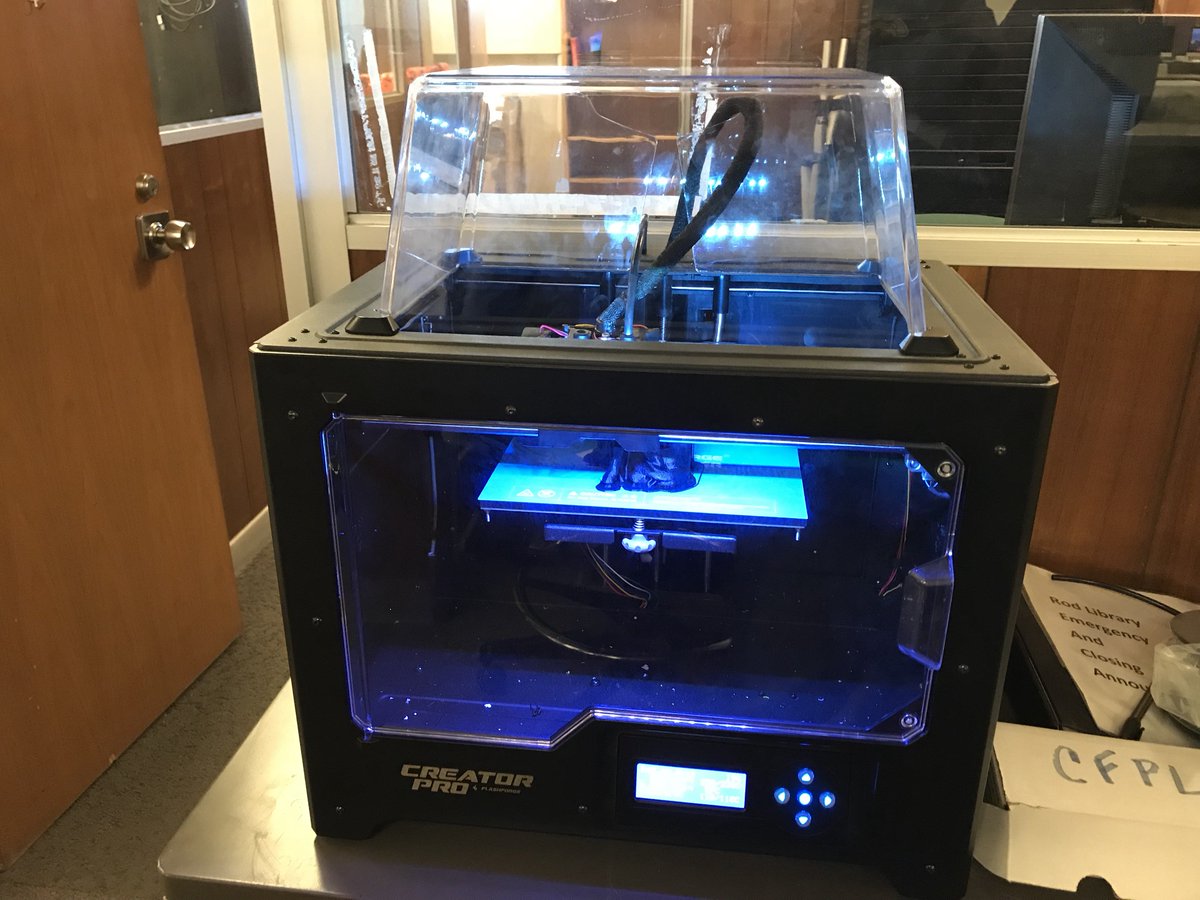RodLibrary's tweet photo. We got a new toy in the library! The 3-D printing is up and running. To submit a print job, go to https://t.co/6NbF81wOXp. #FindItAtRod https://t.co/HURpuns6Vj