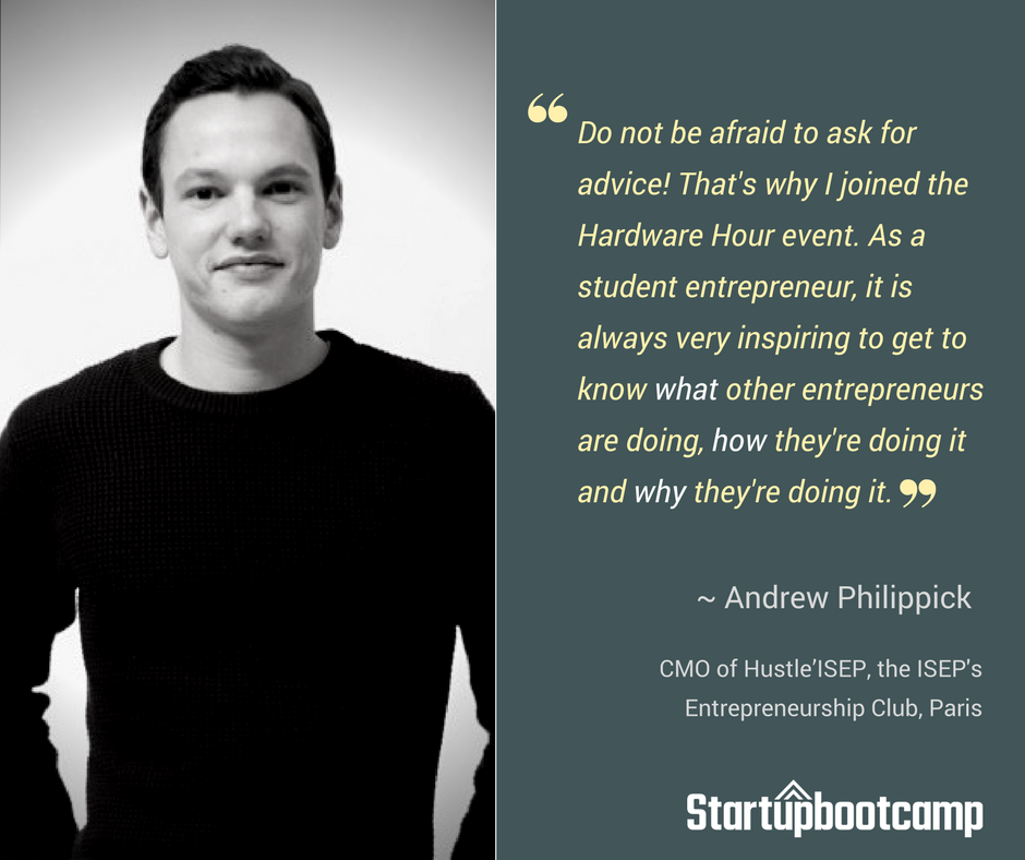 Sbootcamp's tweet photo. Last week @sbcIoT welcomed @hustleisep, the @ISEP #entrepreneurship club in France, at the #HardwareHour event. Here's a sneak peek at an upcoming interview with Andrew Philippick, their CMO 👀 https://t.co/SSfXaXCPjc