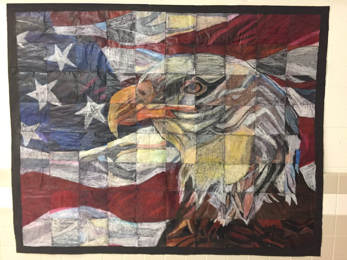 KingsGlenES's tweet photo. What do patriotism, proportions & art have in common? At KG, it is an incredible handmade banner posted just in time for our Friday Veterans program! #KGcreates #OurFCPS https://t.co/VoYCXCN6Dg