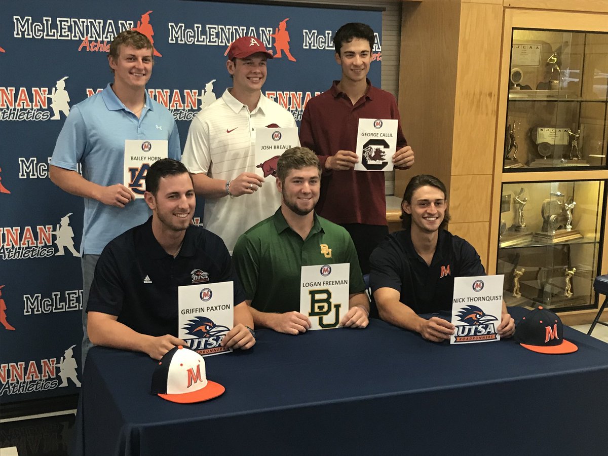 Six Baseball Signees at MCC today:

Bailey Horn-Auburn
Logan Freeman-Baylor
Josh Breaux-Arkansas
Griffin Paxton-UTSA
Nick Thornquist-UTSA
George Callil-South Carolina