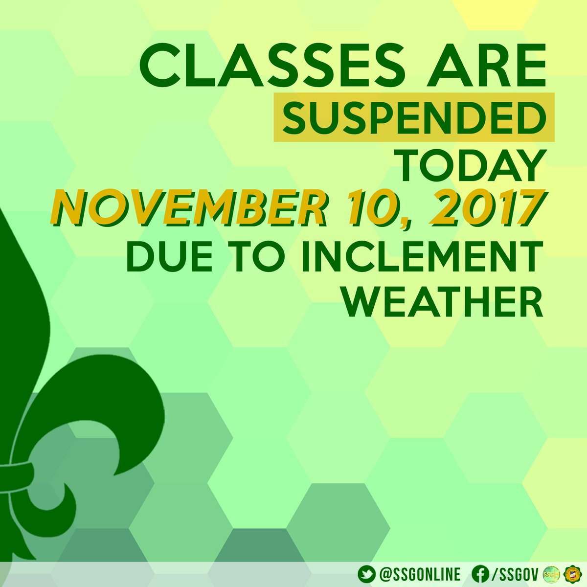SSGOnIine's tweet photo. Class suspension for today, November 10, 2017. https://t.co/TVQswiAhhp