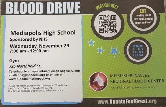 NHS Fall Blood Drive. We have about 15 spots left!  Sign up now!
donatefeelgreat.org