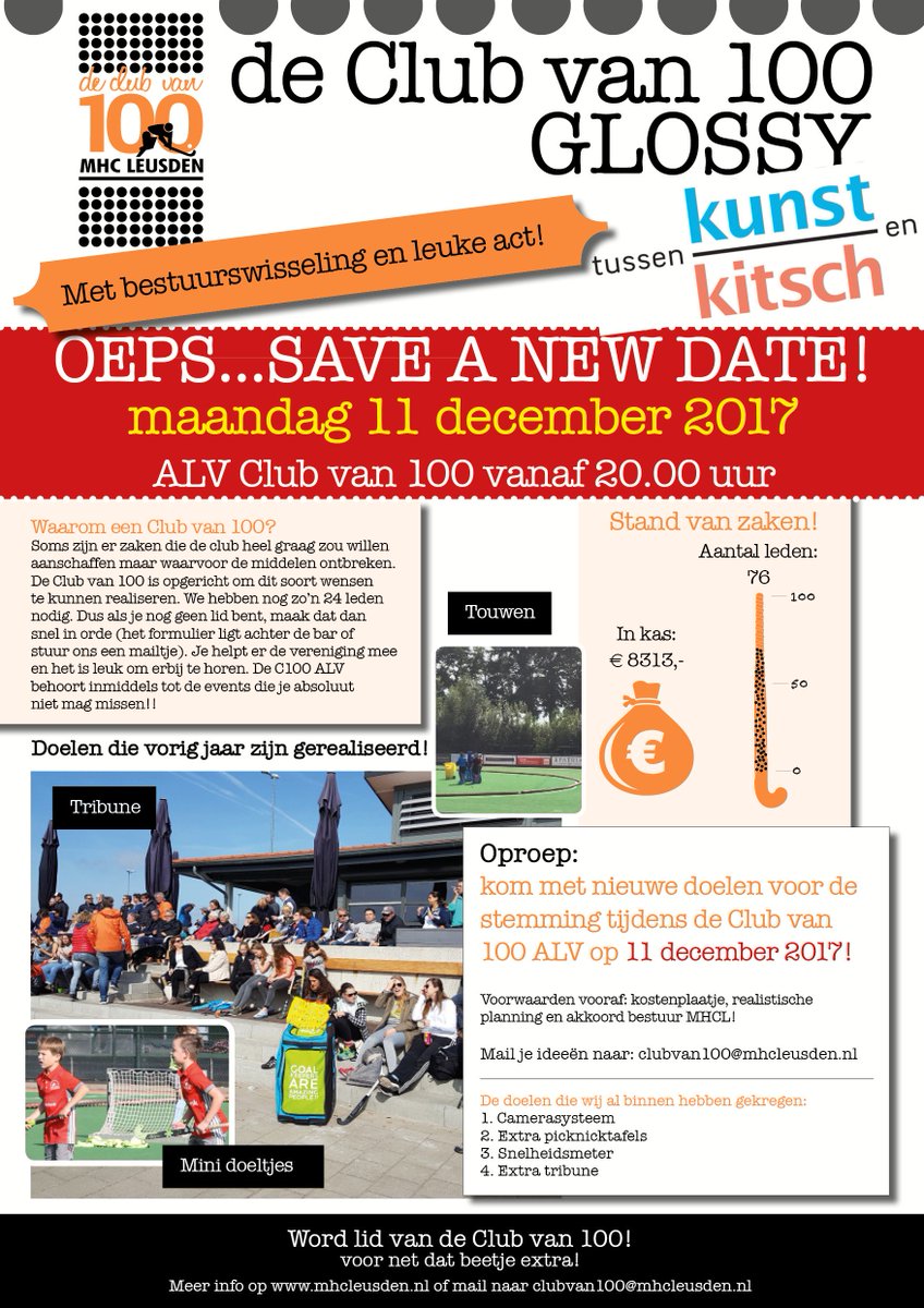 Geblesseerd aan hamstring tijdens invalbeurt bij <a href="/LeusdenVetB/">MHC Leusden Vet-B</a>. Dus vanavond niet trainen bij <a href="/MHCLeusden/">MHC Leusden (hockey)</a>, maar wel bezig voor <a href="/cv100mhcleusden/">De Club van 100</a>. Nieuwe datum ALV: 11 december 2017!