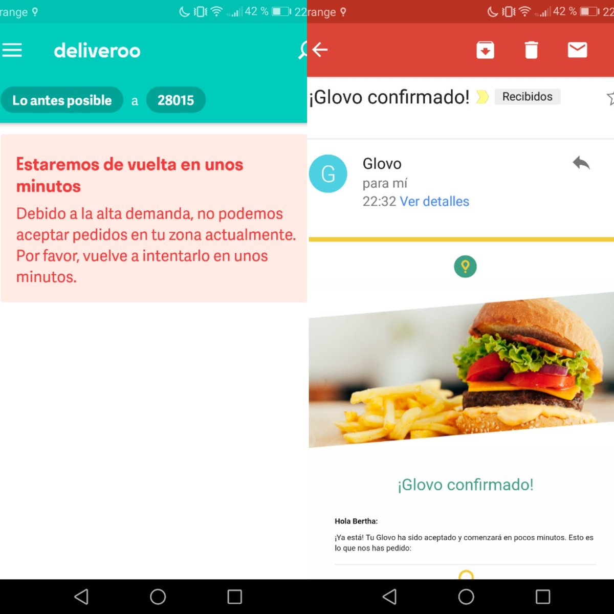 berthamaldonado's tweet photo. Cuando #deliveroo te falla. Buscas a quien si pueda..y el envío gratis 😎 #fail #CustomerExperience #hanperdido #capitalismo @Deliveroo_ES @Deliveroo @DeliverooHelp https://t.co/iVs8VPebSg