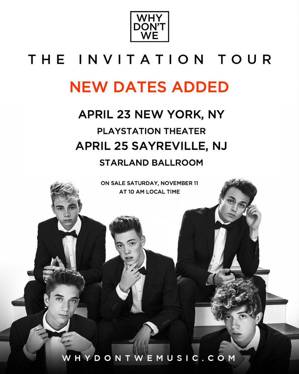 whydontwemusic's tweet photo. East coast! We’ve added another New York and New Jersey show to the #InvitationTour on sale Saturday at 10am local https://t.co/JTAQmpZCGV https://t.co/U0pbAQsDxy