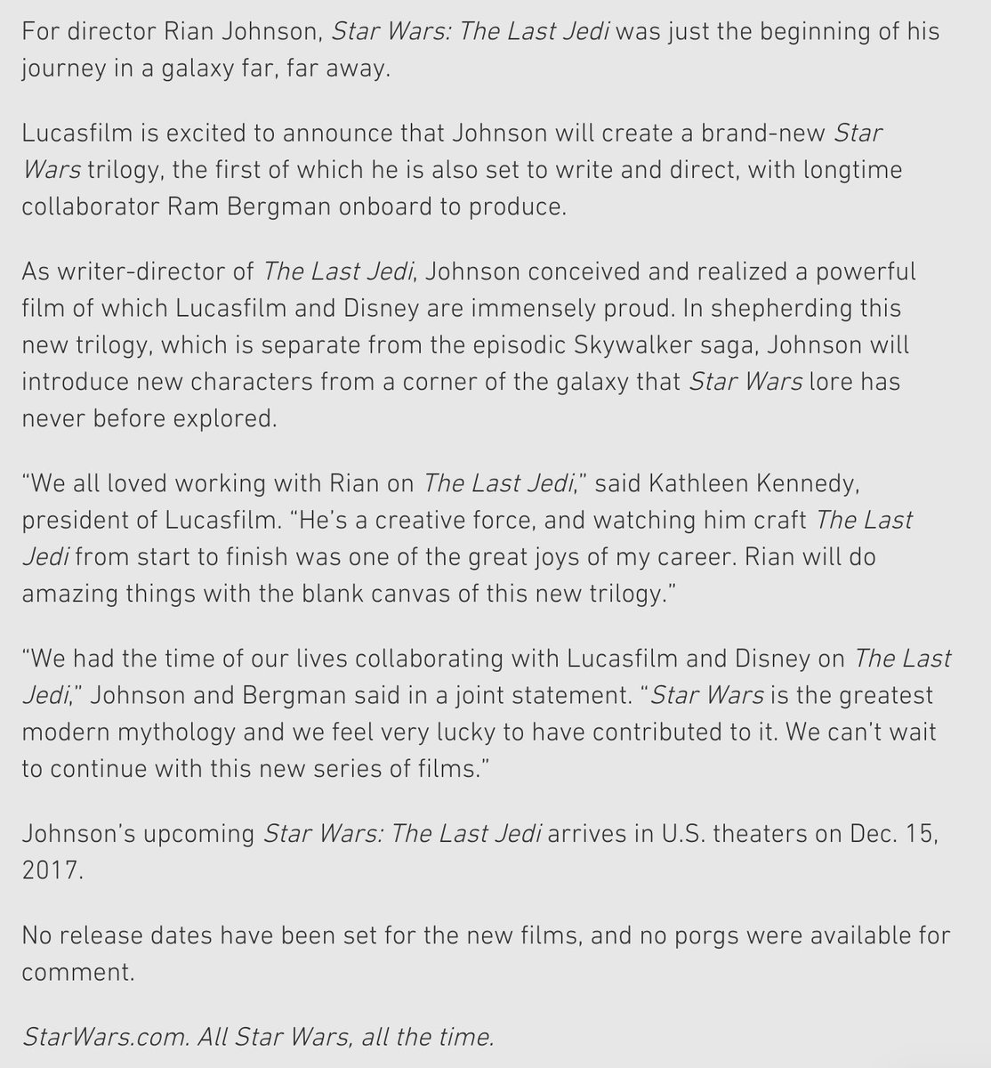 ditzkoff's tweet image. Lucasfilm says it will "introduce new characters from a corner of the galaxy that Star Wars lore has never before explored," and that "no porgs were available for comment."