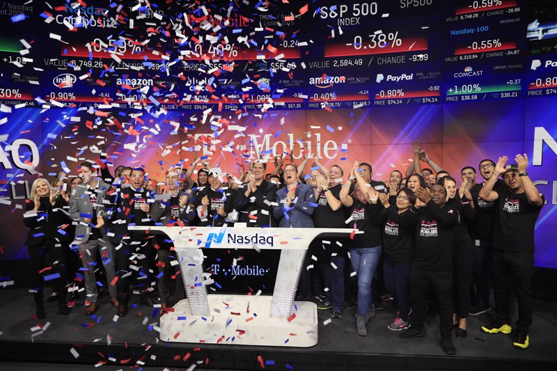 JohnLegere's tweet photo. Proud of our employees repping @TMobile and honoring our veterans by ringing the closing bell at @Nasdaq! https://t.co/tZ6BdsofJ9