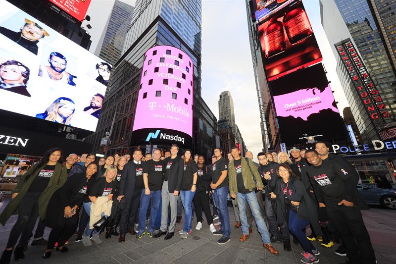 JohnLegere's tweet photo. Proud of our employees repping @TMobile and honoring our veterans by ringing the closing bell at @Nasdaq! https://t.co/tZ6BdsofJ9