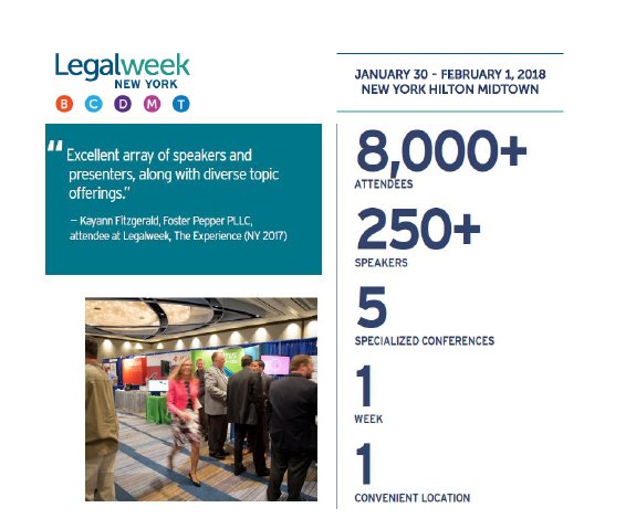 LegalweekShow's tweet photo. 8,000 attendees, 250 speakers, 5 specialized conferences, 1 week, 1 convenient location - that was #Legalweek17. Here's to making #Legalweek18 even better next year! https://t.co/xUaMrAWYvy https://t.co/BD4TAUhjfH