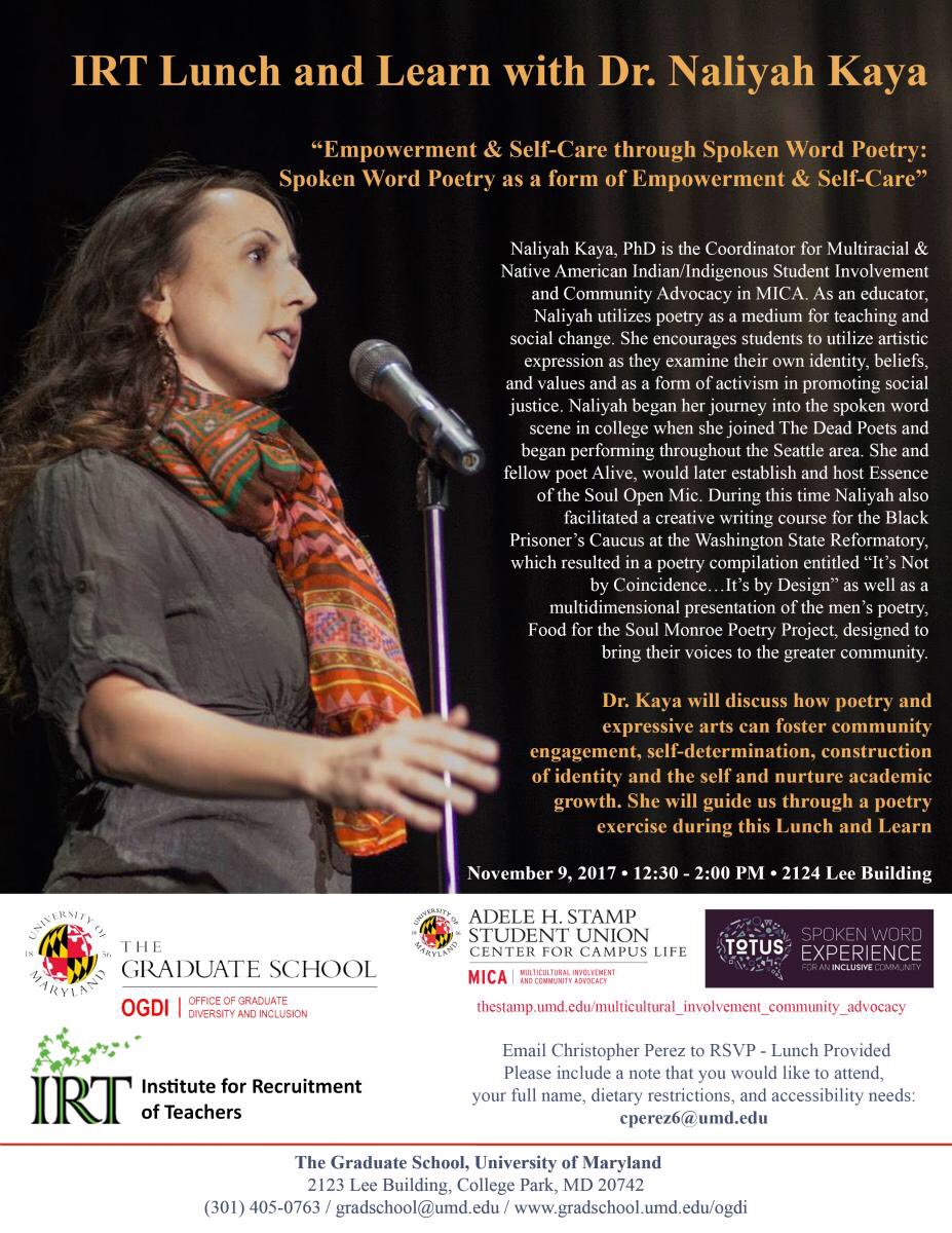 possibleperez's tweet photo. Thank you @DrNaliyahKaya of @UMDMICA @UmdTotus for the #IamIRT @IRTAndover #SelfCare & #Empowerment through #spokenword #poetry workshop & the #SovereigntyThroughSolidarity @UMDAISU #NAIHM #NativeTerps shirts! THX from #OGDI Anna & @jeffreyafranke https://t.co/nKjTXYpbM0