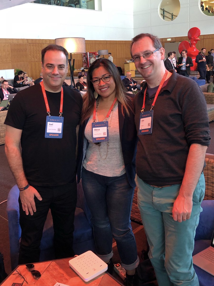 Alexa's tweet image. It’s a developer’s world. I’m just living in it. Amazing start to the day with @spolsky and @jonskeet #codethefuture #websummit2017