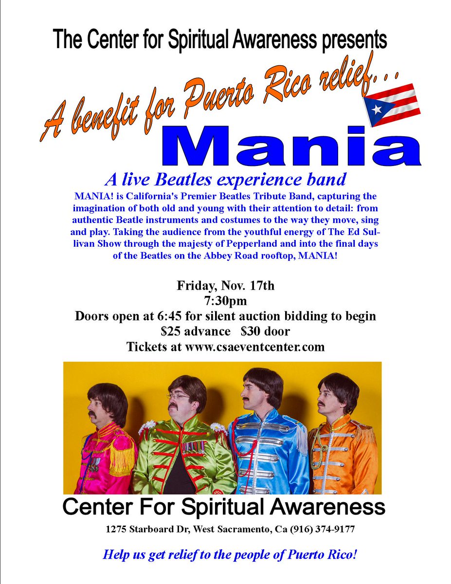 csasacramento's tweet photo. A Beatles Mania benefit concert and silent auction for Puerto Rico Relief! Calendar it! #whycsa #livemusic #PuertoRicoRelief https://t.co/JTCSSsQtGW